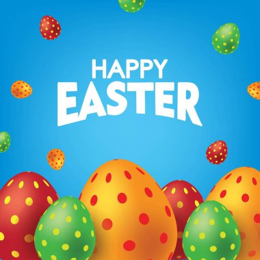 Renkli yumurtalı Mavi Mutlu Paskalya Posterleri. Düşen Paskalya Yumurtası Arkaplan Vektörü illüstrasyonu.
