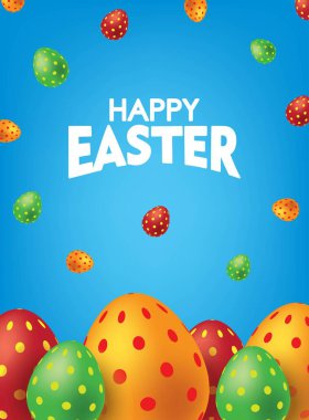 Renkli yumurtalı Mavi Mutlu Paskalya Posterleri. Düşen Paskalya Yumurtası Arkaplan Vektörü illüstrasyonu.