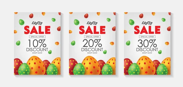 White Easter Sale Poster Flyer Set Colorful Eggs Advertising Campaign — Stock Vector