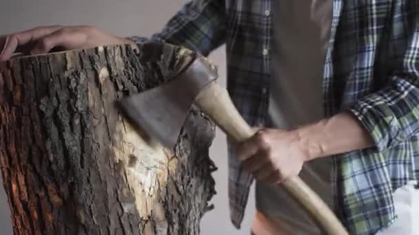 Carpenter cleans stump from bark with axe — Stock Video