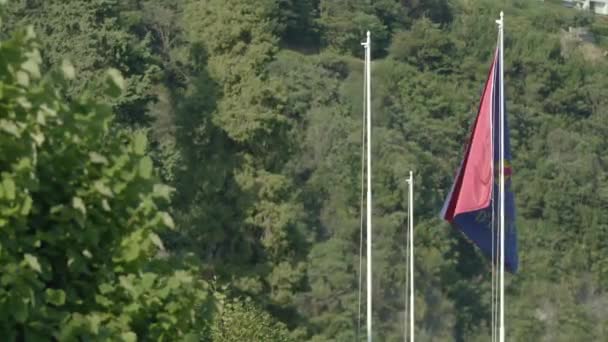 コモ湖の明るい晴れた日に丘の上の緑の木の背景に風の中で腕のコートのイメージとヴィラ デステの赤青の旗が開発されています 近くの二つの空の棒 — ストック動画