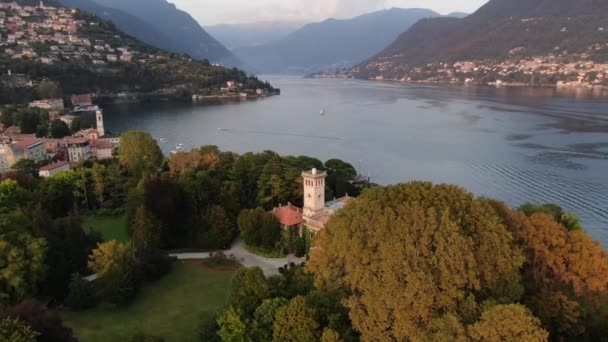 Bela Vista Aérea Panorâmica Villa Erba Este Magnífico Solar Lago — Vídeo de Stock