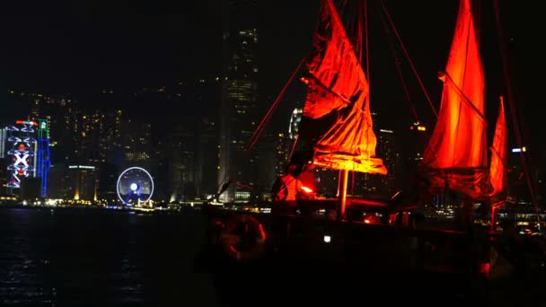 Hong Kong Habour Yelken Gece — Stok video