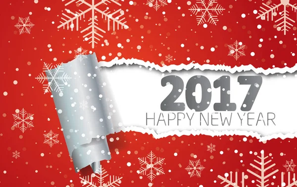 Feliz Año Nuevo 2017. Fondo con copos de nieve y papel desgarrado . — Vector de stock