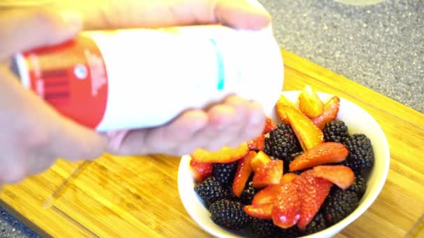 Close Man Sprinkling Powdered Sugar Dessert Made Different Berries — Stock Video