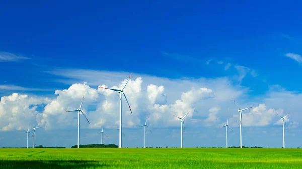 Windmühlen Auf Der Grünen Wiese Einem Sonnigen Und Windigen Tag — Stockfoto