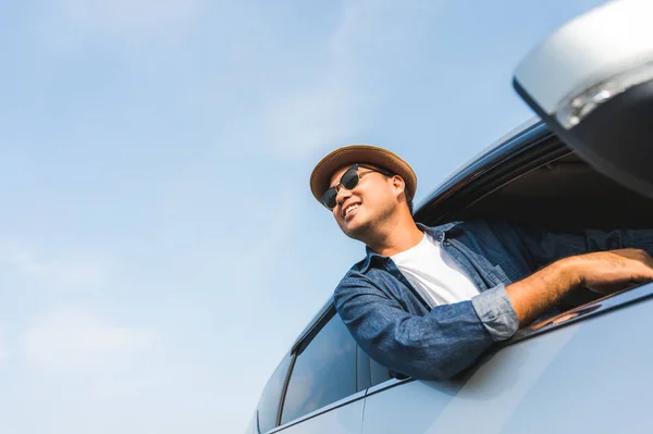 Asian Man Enjoying His Trip Stretches Out Car Window Make — Stock Photo, Image