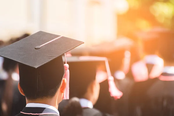 Achteraanzicht Van Afgestudeerden Sluit Aan Bij Afstudeerceremonie Aan Universiteit Onderwijs — Stockfoto