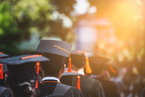 Visão Traseira Dos Graduados Participar Cerimônia Formatura Universidade Licenciatura Educação — Fotografia de Stock