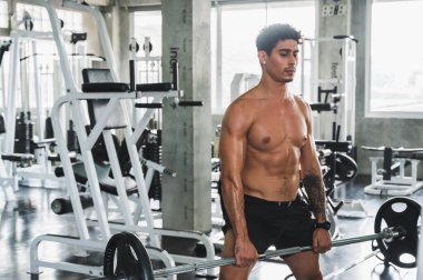 Beden eğitiminde güçlü kaslı adam pazularda egzersiz yapıyor. Ağırlık antrenmanı konsepti.