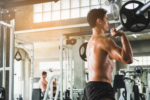 Beden eğitiminde güçlü kaslı adam pazularda egzersiz yapıyor. Ağırlık antrenmanı konsepti.