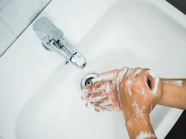 Close Male Hands Washing Hands Soap Corona Virus Prevention — Stock Photo, Image