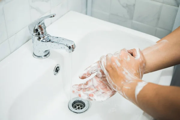 Close Male Hands Washing Hands Soap Corona Virus Prevention — Stock Photo, Image