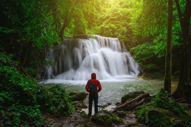 Huay Mae Khamin Şelaleleri Srinakarin Ulusal Parkı 'nda derin ormanlarda, Kanchanaburi, Tayland
