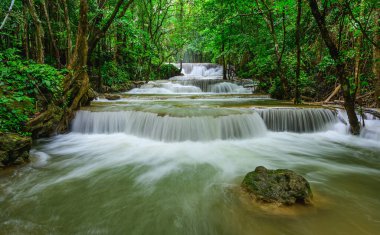 Huay Mae Khamin Şelaleleri Srinakarin Ulusal Parkı 'nda derin ormanlarda, Kanchanaburi, Tayland