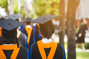 Mezunların arka görünüşü üniversitedeki mezuniyet törenine katılıyor. Üniversite teması konseptinde eğitim mezuniyeti.