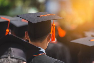 Mezunların arka görünüşü üniversitedeki mezuniyet törenine katılıyor. Üniversite teması konseptinde eğitim mezuniyeti.