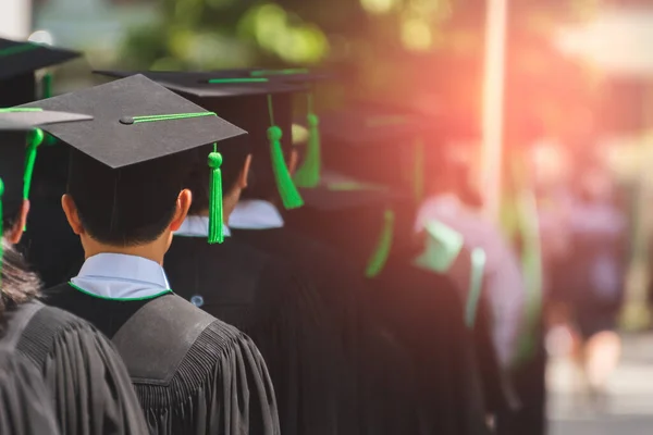 Tylny Widok Absolwentów Dołącz Ceremonii Ukończenia Studiów Uniwersytecie Ukończenie Studiów — Zdjęcie stockowe