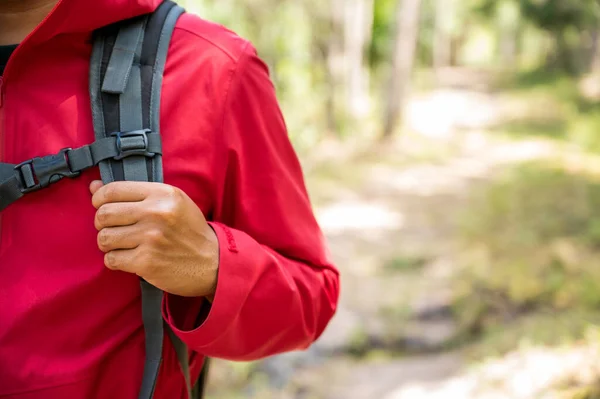 Hipster Caminhantes Usam Capas Chuva Vermelhas Mochilas Verdes Viajam Para — Fotografia de Stock