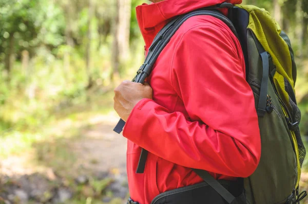 Hipster Caminhantes Usam Capas Chuva Vermelhas Mochilas Verdes Viajam Para — Fotografia de Stock