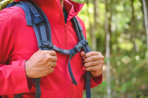 Hipster Caminhantes Usam Capas Chuva Vermelhas Mochilas Verdes Viajam Para — Fotografia de Stock