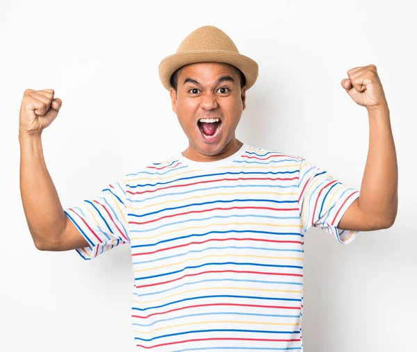 Asiático Hombre Sintiendo Feliz Celebrar Blanco Fondo — Foto de Stock