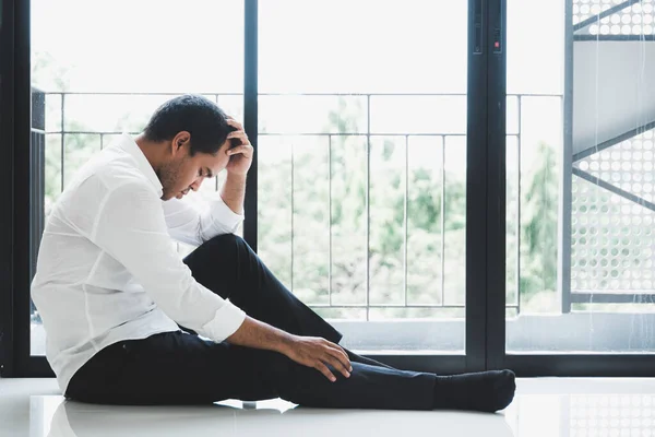 Young Asian Man Sitting Dark Room Hand Head Feeling Depressed — Stock Photo, Image