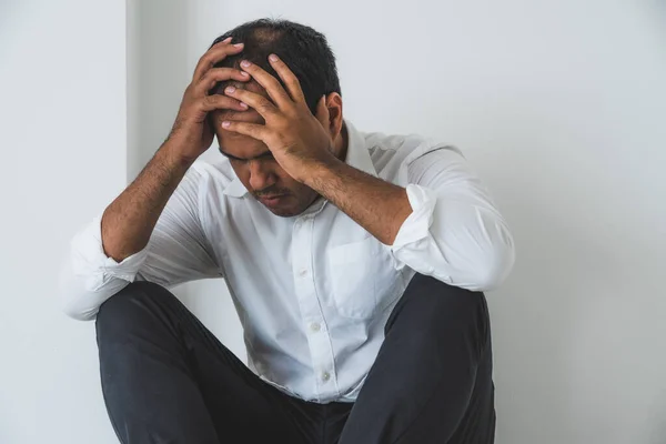 Young Asian Man Sitting Dark Room Hand Head Feeling Depressed — Stock Photo, Image