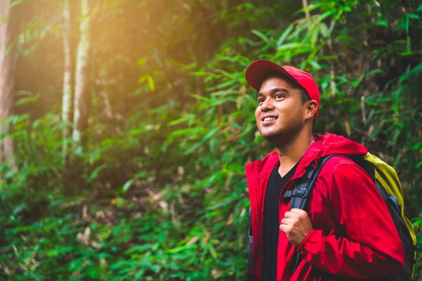 Jovem Asiático Homem Viagem Caminhadas Floresta Montanha Desfrutar Andar Natureza — Fotografia de Stock