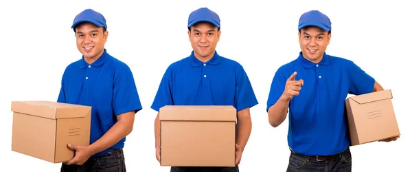 Entrega Uniforme Azul Con Caja Cartón Paquete Aislado —  Fotos de Stock