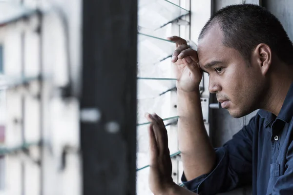 Sad Man Sitting Dark Room Depression Anxiety Disorder Concept — Stock Photo, Image