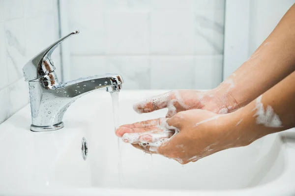 Close Male Hands Washing Hands Soap Corona Virus Prevention — Stock Photo, Image