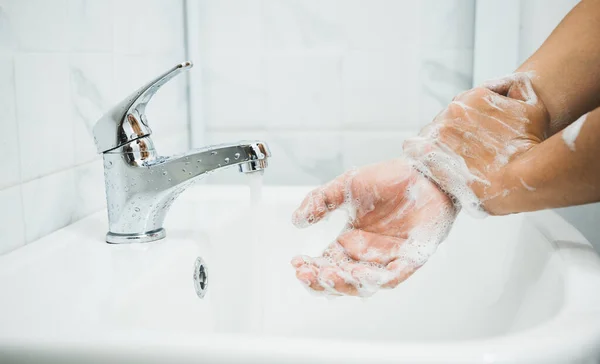 Close Male Hands Washing Hands Soap Corona Virus Prevention — Stock Photo, Image