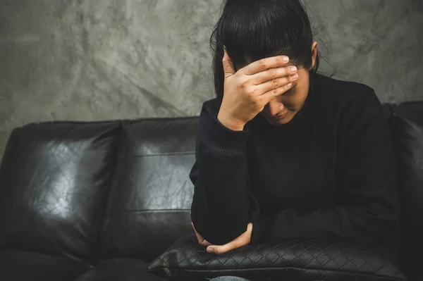 Depressed Asian Woman Sitting Dark Room Hand Head Feeling Depressed — Stock Photo, Image