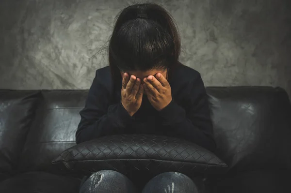 Depressed Asian Woman Sitting Dark Room Hand Head Feeling Depressed — Stock Photo, Image