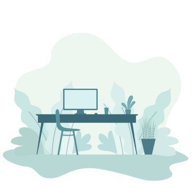 Ofis içi çalışma alanı, evde çalışma alanı, pencere vektörünün önünde çalışma masası, evden çalışma, evde çalışma, evde kalma.