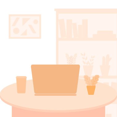 Ofis içi çalışma alanı, evde çalışma alanı, pencere vektörünün önünde çalışma masası, evden çalışma, evde çalışma, evde kalma.