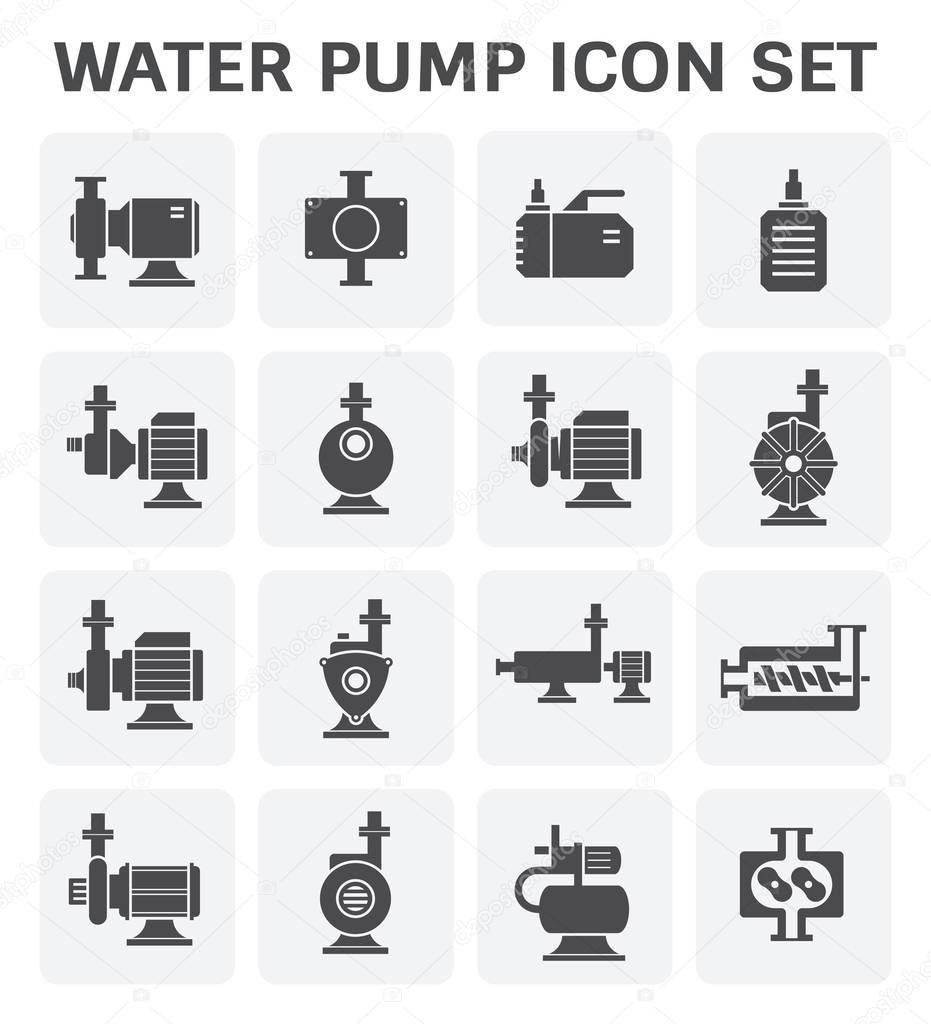Vector icon of electric water pump and steel pipe for water distribution isolated on white background.