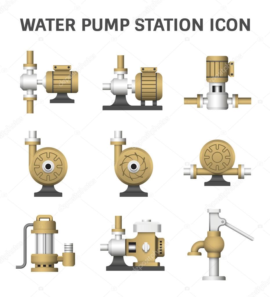 Vector icon of electric water pump and agriculture equipment for water distribution isolated on white background.