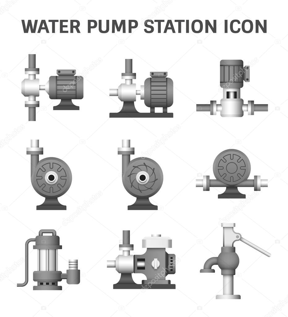 Vector icon of electric water pump and agriculture equipment for water distribution isolated on white background.
