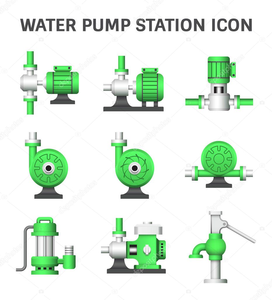 Vector icon of electric water pump and agriculture equipment for water distribution isolated on white background.