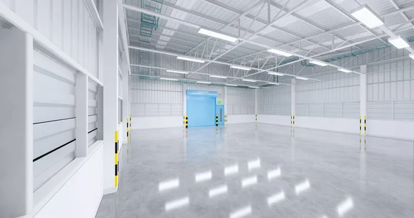 工厂建筑的3D渲染 具有混凝土地板和工业背景的卷帘门 — 图库照片