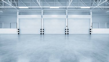 Endüstriyel arka plan için depo binasının 3 boyutlu deklanşör kapısı ve beton zemin..