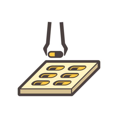 Beyaz üzerinde ilaç üretimi ve üretim vektör ikonu tasarımı.