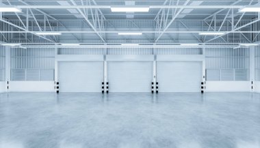 Endüstriyel arka plan için depo binasının 3 boyutlu deklanşör kapısı ve beton zemin..