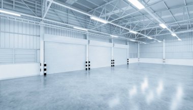 Endüstriyel arka plan için depo binasının 3 boyutlu deklanşör kapısı ve beton zemin..