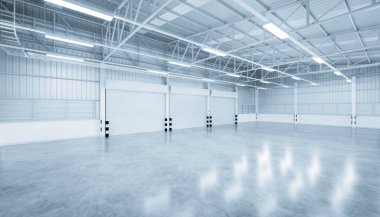 Endüstriyel arka plan için depo binasının 3 boyutlu deklanşör kapısı ve beton zemin..