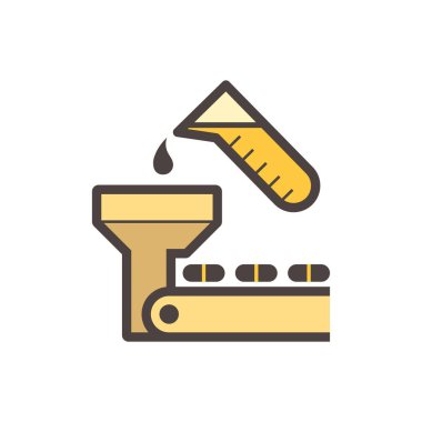 Beyaz üzerinde ilaç üretimi ve üretim vektör ikonu tasarımı.