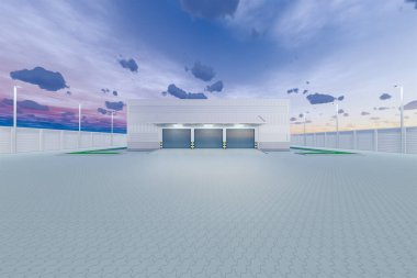 Endüstriyel arka plan için 3D depo ve deklanşör kapısı.