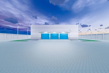 Endüstriyel arka plan için 3D depo ve deklanşör kapısı.